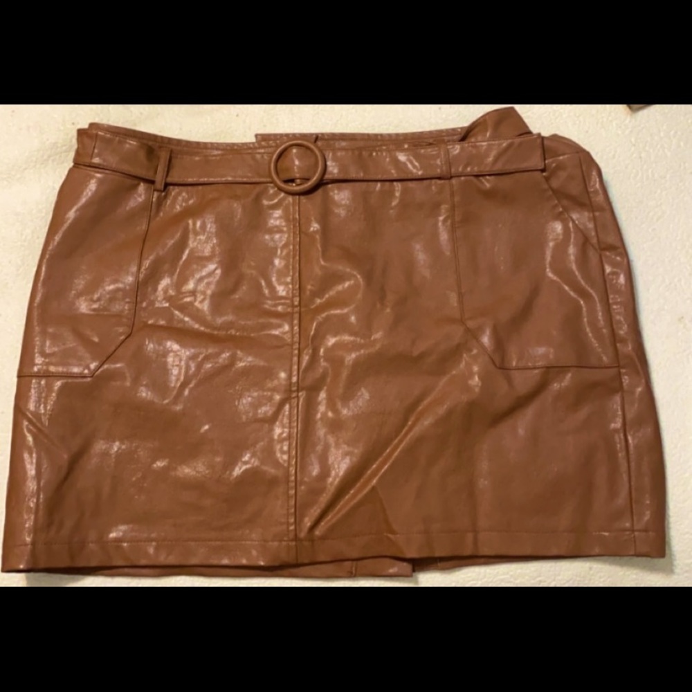 Brown Pleather Skirt with Adjustable Belt XL